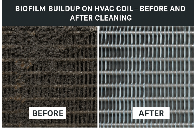 Split image showing an HVAC coil before and after cleaning: the left side is covered in dark, thick biofilm buildup, while the right side is clean and metallic with visible coil lines. Text labels read "BEFORE" and "AFTER.