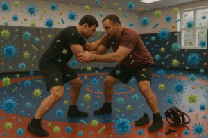 Two men wrestling in a gym, surrounded by illustrated germs and virus particles, highlighting the risk of infection or disease transmission in close-contact sports.