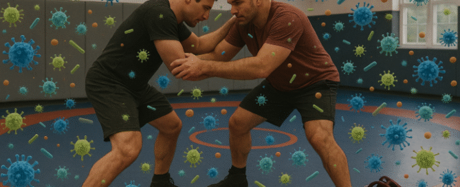 Two men wrestling in a gym, surrounded by illustrated germs and virus particles, highlighting the risk of infection or disease transmission in close-contact sports.
