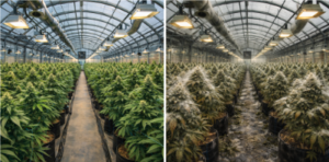 Side-by-side images of a greenhouse: the left shows healthy, green cannabis plants; the right shows similar plants covered in white mold, indicating disease or poor conditions.
