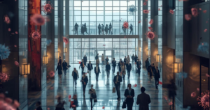 image of a sick building with people walking in the lobby and germs floating in the air