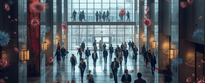 image of a sick building with people walking in the lobby and germs floating in the air