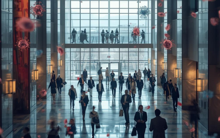 image of a sick building with people walking in the lobby and germs floating in the air